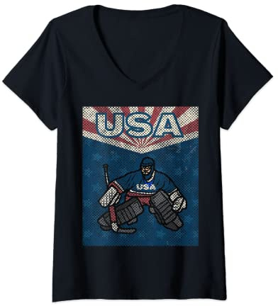 Womens USA Vintage Retro Hockey V-Neck T-Shirt