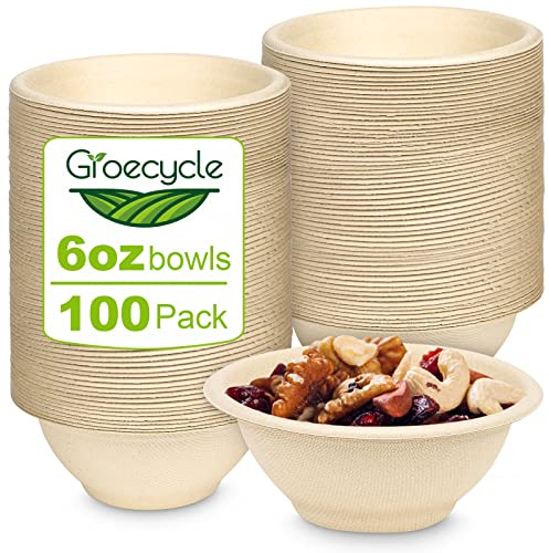 Groecycle 6 oz Small Compostable Paper Bowls, 100 Pack - Biodegradable Bagasse Bowls for Condiments, Sauces, Ice Cream