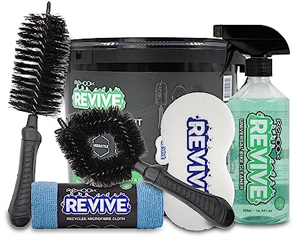Rehook Revive 6-In-1 Bike Care Kit - Eco-Friendly Bicycle Cleaning Set - Includes Biodegradable Plant-Based Cleaner, Brushes, Sponge, Cloth & Storage Bucket - Must-Have, Clean, Great Gift for Cyclists