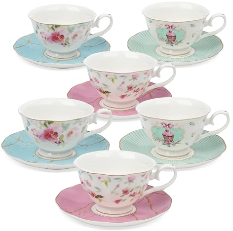 fanquare Juego de 6 Tazas de Té y Platillo de Rosas, Juego de Tazas de Té Británico para Regalo, Servicio de Té de Porcelana con Flores de Colores