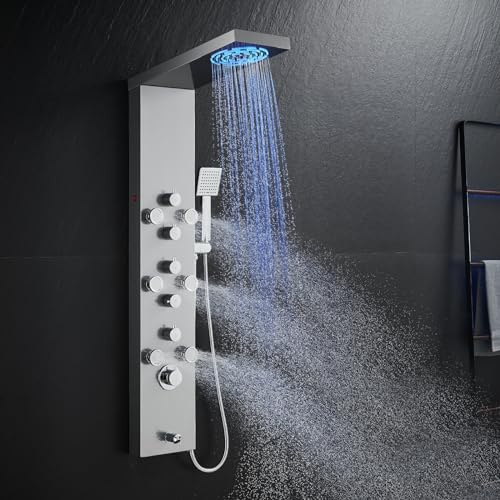 ROVOGO 46.5 Shower Panel Tower System - Use 5 Functions at Once: Rainfall, Mist, Handheld, Body Jets and Tub Spout, Shower Column with LED Lights, Stainless Steel Brushed