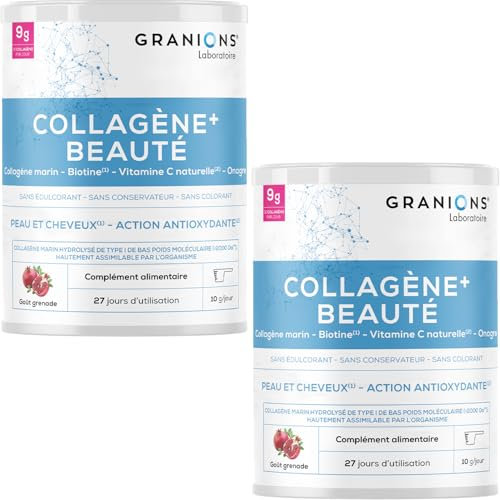 GRANIONS COLLAGENE +BEAUTE - Collagene Marin Poudre - Collagene et Acide Hyaluronique - Collagene Marin + Vitamine C + Biotine + Onagre - Beauté Peau et Cheveux - Grenade- Collagene Poudre 275g x2
