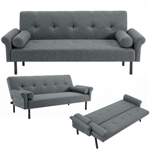 Panana Simple Fabric 3 Seater Click Clack Sofa Bed RECLINER Couch with Armrest Metal Legs, Free Bolster Pillows, Grey Linen Fabric