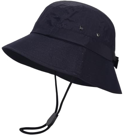 YAMEIZE Vattentät UPF 50 + hink hatt med – string för kvinnor män solhatt justerbar rem spänne sommar vandring hatt strand, Mörkblå, En Storlek