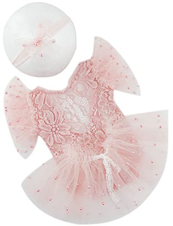 Huaqgu,Accesorios para Fotos de recién Nacidos,Diadema y tutú de Tul,Vestido de Encaje,Conjunto de sesión de Fotos de bebé,Tocado Infantil,Pelele,Traje para niños y niñas