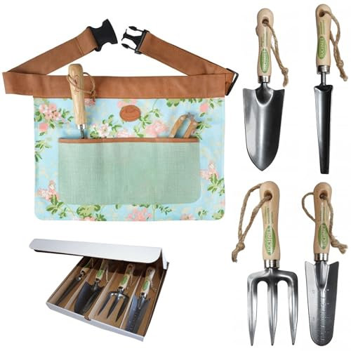 DIKEL Gartengürtel, Schürze + Gartengeräteset - Größenverstellbare Werkzeugtasche Gürtel für Gärtner, Floristen - Unkrautstecher, Blumenspachtel, Blumengabel, Gartenspachtel - 450x40x340mm - Farbig