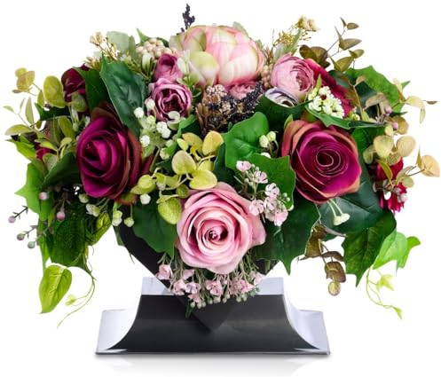 Grabgesteck aus Rosen Kunstblumen Friedhofsdeko in Herzvase künstlich 30cm hoch Grabdenkmal o. Gedenkstätte wie Echt (Rosa)