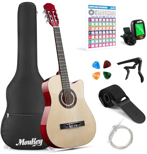 Guitare acoustique Moukey 38 pour débutants, enfants, jeunes et adultes, kit de guitare à pan coupé avec affiche d'accords, sac, accordeur, médiators, cordes en nylon, capodastre et sangle - Naturel