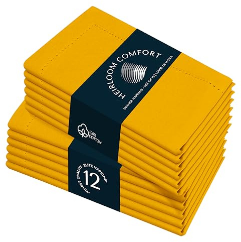 HEIRLOOM COMFORT Servilletas de tela amarillo mostaza, 45 x 45 cm, juego de 12 unidades, 100 % algodón, absorbentes, reutilizables, suaves, lavables, bordes biselados con vainica, ideales para cenas