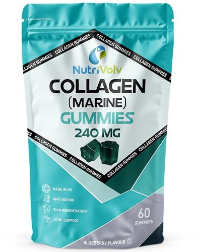 Collagen Gummies | High Strength Marine Source | 60 Blueberry Flavoured Gummies | Type 1 Hydrolysed Collagen Peptides | for Skin, Hair, Nails & Joints | Supplement for Women & Men | by NutriVolv