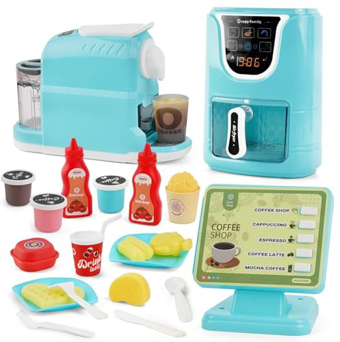 Ensemble de jouets pour ustensiles de cuisine, friteuse à air chaud, caisse et machine à café pour enfants, accessoires de cuisine réalistes, kit de jeu musical parlant avec changement de couleur