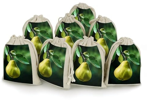 LPSADGF 8 PCS Pears on The Tree Drawstring Gift Bags Reusable Cotton Linen Storage Pouches for Christmas, Weddings, Parties, Favors 4.9x6.7 Small Burlap Bags