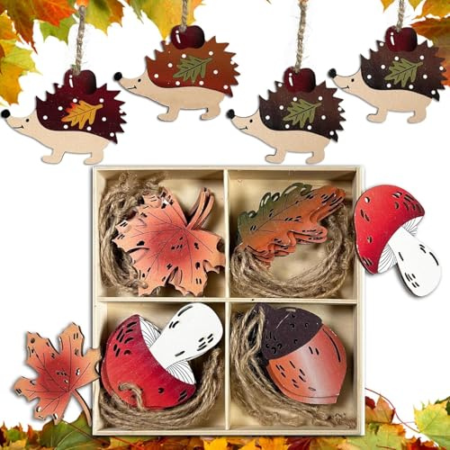 HILKKET Herbst Dekoration, 28er Set Holz Deko Hänger, 7cm Autumn Decor, Ahornblatt Kiefernzapfen Pilz Blätter Igel, Fenster Deko Hängen für Erntedankfest, Herbstdeko Draußen Innen
