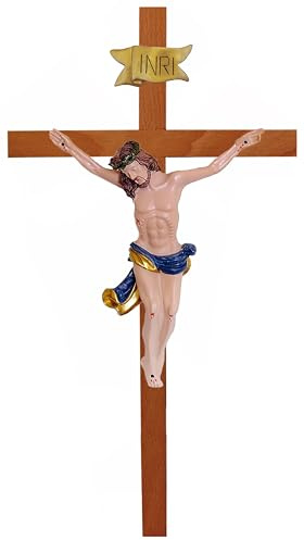 Kall present presentidé – träkors, väggkors, krucifix av äkta trä bok kors ek med Jesus Kristus figur av konstgjord sten handmålad (höjd 35 cm)