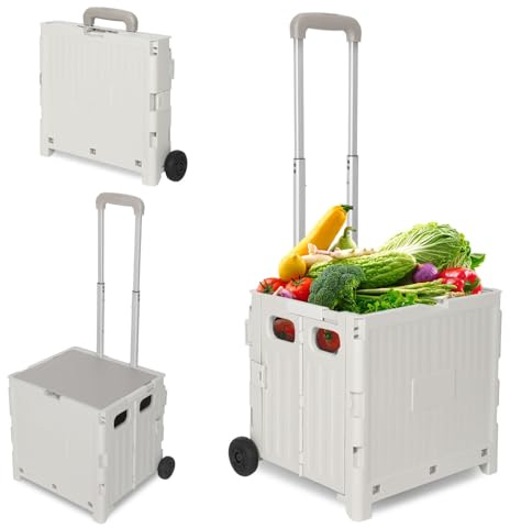 Eikuavons Shoppingvagn 50 liter med 4 hjul, 2 bromsar, vikbara och stapelbar, kan belastas upp till 55 kg, stor transportvagn för flytt, camping, trädgård (svart/vit)