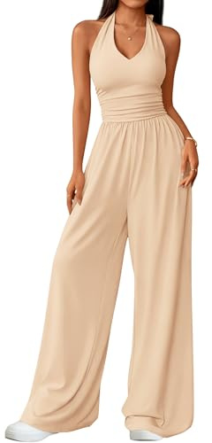 ZESICA Women's Summer 2026 Sleeveless Halter Neck Jumpsuits One Piece Wide Leg Jumper Rompers Beach Vacation Outfits Apricot Small