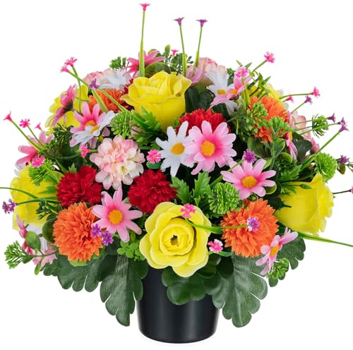 Memobloom Fiori artificiali per tomba: rose gialle, arancioni, rosse, rosa, vasi da fiori per tombe ornamentali primaverili, decorazioni per esterni, bouquet di crisantemi funebri commemorativi per
