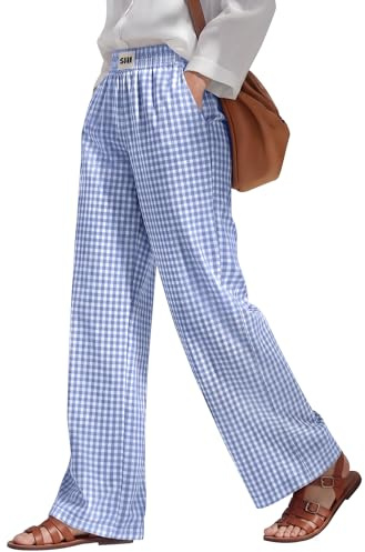 Xaatren Women's Striped Gingham Pants Straight Wide Leg Plaid Lounge Trousers Elastic Waist Baggy Thin Y2K Bottoms Pockets(Blue and White Plaid,Large)