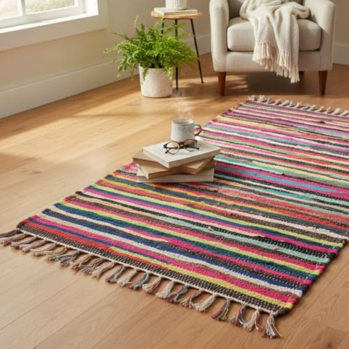 Hieftan Handmade Cotton Chindi Rug – Multicoloured Striped Recycled Decorative Area Rug Mat for Living Room & Bedroom 160x230 cm