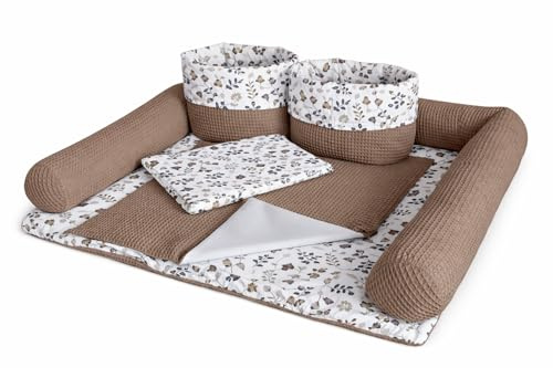 Wickelauflage Set 6-teilig – Wickelunterlage aus Baumwolle & Waffelstoff – Baby Wickelauflage – Geschenk zur Babyparty – Wickeltischauflage – 85x75 cm (Breite x Tiefe), Zweige und braun