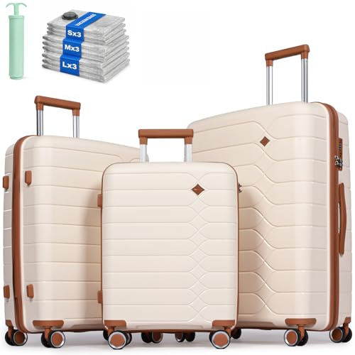 H.yeed 3 Piece Suitcase Set PP Hard Shell Luggage Set Lightweight Carry on Travel Hand Luggage with Spinner Wheels & TSA Lock 20 24 28 (Beige, 3 pcs Set)