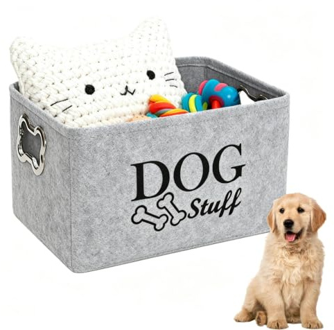 HUILATE Dog Toy Box, Puppy Toy Box Storage Basket, Foldable Dog and Cat Supplies Basket with Handle for Organizing Pet Clothes Shoes and Accessories (light gray)