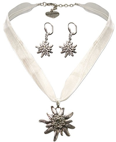 Alpenflüstern Trachtenschmuck-Set Organza-Trachtenkette und Ohrhänger Strass-Edelweiß - Damen-Trachten-Schmuck, Trachtenset Dirndl-Kette und Trachten-Ohrringe weiß SET019