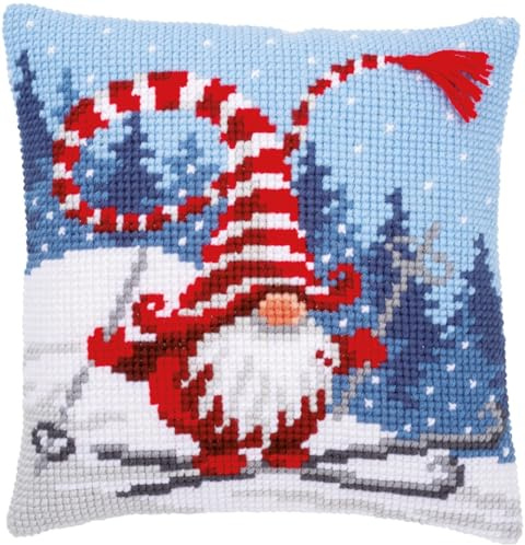 VERVACO Kit Cuscino Punto Croce GNOMO DI NATALE CHE SCIA Set Ricamo Principianti Cuscini Gobelin Decorativi ca. 40 x 40 cm Accessori Per Lavoretti Creativi DIY Casa Decor Hobby Adulti Cross Stitch