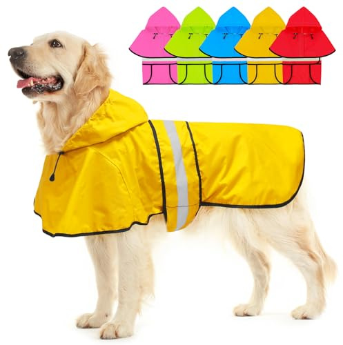 Dolitego Fashion Hooded Dog Raincoat - Reflective Dog Rain Jacket Lightweight Waterproof Rain Coat for Large Dogs (X-Large, Yellow)