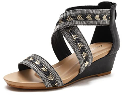 Sandali Donna Zeppa Gladiatore Cinturini Scarpe Bohémien Spiaggia Eleganti Comode Vacanza Sandaletti Estivi Antiscivolo Moda (Nero,41)