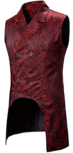 Vagbalena Hommes Victorien Steampunk Vintage Gilet Long Court Smoking Double Boutonnage Performance Usure Gothique médiéval Queue Manteau Costume (Rouge,XL)