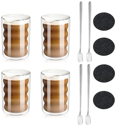 GARPROVM Tazas de café espresso, 4 x 80ml vasos de café cristal de doble pared, Vasos Latte Macchiato, tazas de café capuchino té, vasos térmicos de cristal, 4 cucharas + 4 posavasos