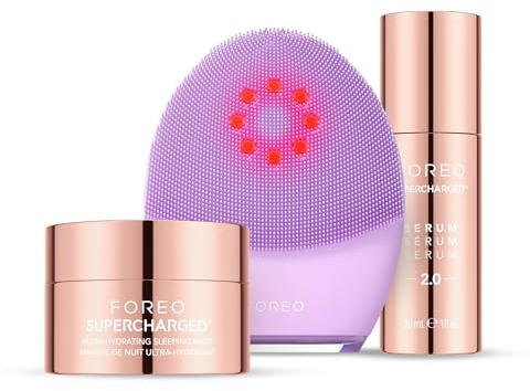 FOREO Set Firm & Clean - Cepillo limpiador LUNA 4 plus Sensitive + SÉRUM SUPERCHARGED 2.0 30 ml + mascarilla hidratante de noche 15 ml - Terapia luz infrarroja cercana - Cepillo facial microcorriente