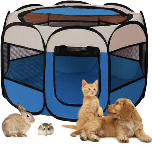 Welpenlaufstall 74x74x43cm, Faltbar Hundelaufstall für Wohnung, BRIMOREA Katzengehege, Kaninchengehege innen，für Laufstall Hund, Katzen, Hasen und Kleintiere sowohl drinnen als auch draußen(Blau)