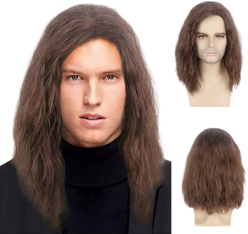TSHAOUN Braune Herrenperücke, mittellang, lockiges Haar, 40 cm, Pop-Rocking-Dude-Perücke für Erwachsene, schöne Cosplay-Perücken für 70er und 80er Jahre Fasching, tägliche Kostümparty, Halloween