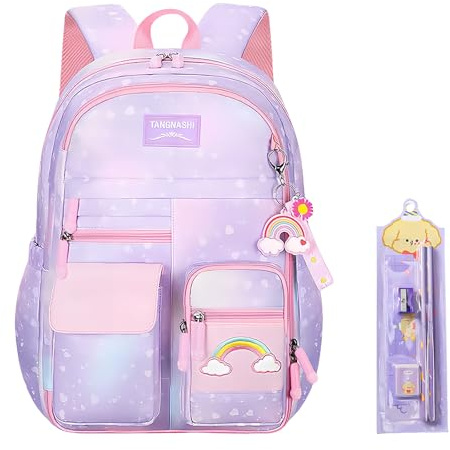 Shengxi Mochila escolar niña adolescente, Impermeable Mochilas escolares gran capacidad con Set estacionario, Casual ligera mochilas para niñas con varios compartimentos de bolsillo (morado)