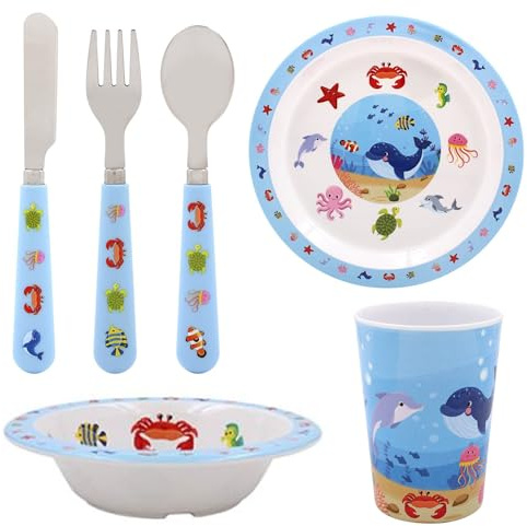 Children's Sea Life Design Melamine Tableware (Plate Bowl Cup Cutlery Set)