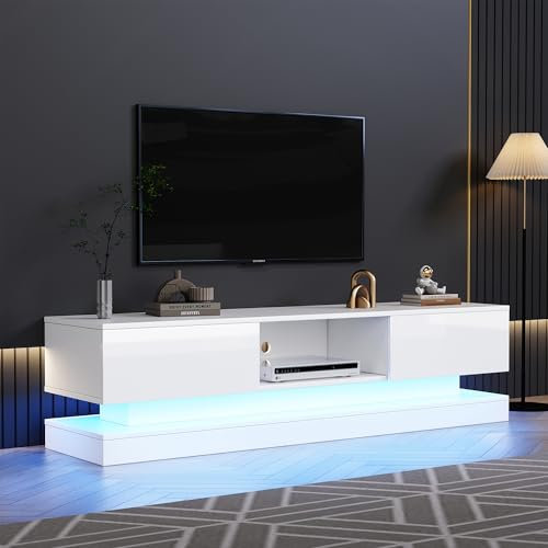Lcoho Weißer Hochglanz-TV-Schrank mit LED-Beleuchtung, 2 Schubladen, App-Steuerung, Anti-Kipp-Design, für 60-Zoll-Fernseher,tv Board,tv lowboard
