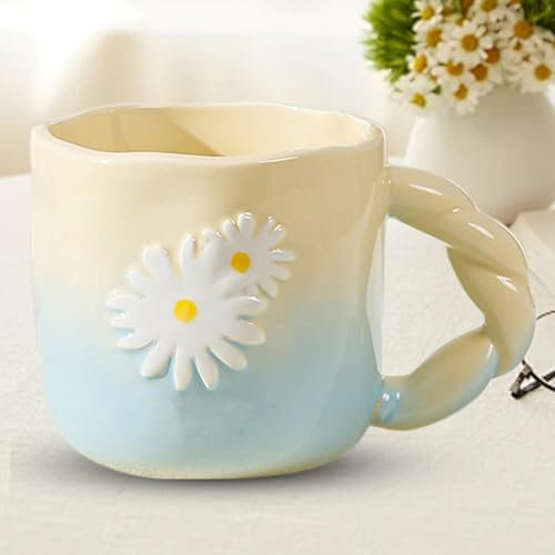 Jolie tasse à café, 400 ml, tasse à thé en céramique, tasse à café Ka-waii, tasse à café faite à la main, tasse en céramique avec motif marguerite, tasse à café créative en céramique à motif floral