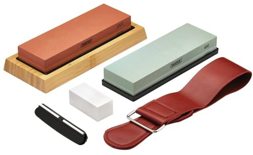 Draper 23968 Whetstone Sharpening Stone Set with Non-Slip Base and Angle Guide, 400/1000/3000/8000 Grit
