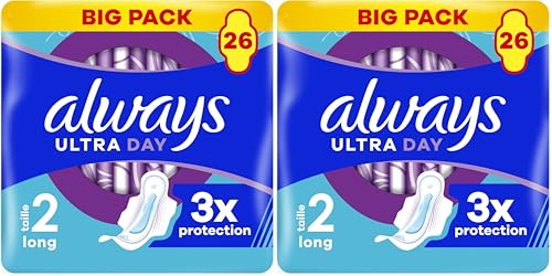 Always Ultra Serviettes Hygiéniques, Taille 2, Long, 26 Serviettes Avec Ailettes, Flux Modérés Jour, Max Confort, Super Absorbantes et Ultra Fines