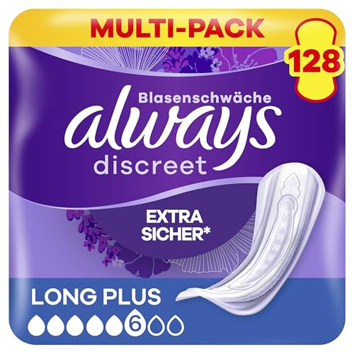 Always Discreet Inkontinenz-Einlagen Long Plus Monatspaket bei Blasenschwäche, 128 Einlagen (Sparpackung 8 Packungen x 16 Stück)