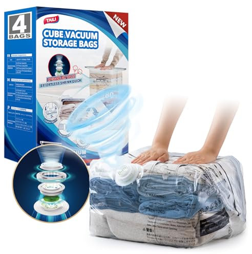 TAILI Cube Travel Vacuum Storage Bags 4 Pack, Medium Size (25x19x11 inch), Reusable Vacuum Bags for Clothes Travel Suitcases and Luggage Space Save