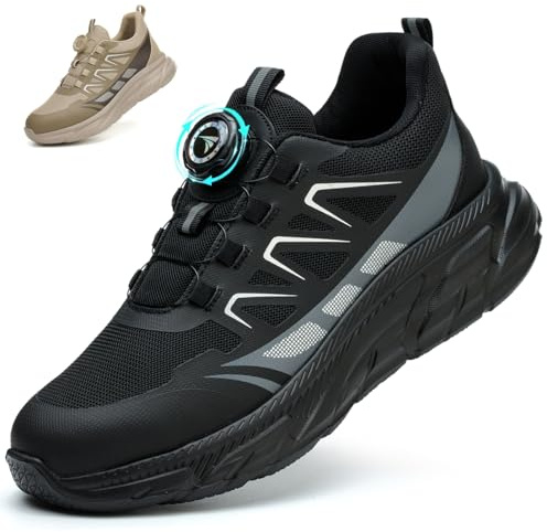 RASEARY Safety Trainers Men Womens Lightweight Steel Toe Cap Trainers Non Slip Work Safety Shoes Puncture Proof Work Trainers Breathable Industrial Work Shoes with Swivel Buckle Shoelaces，Black UK 10