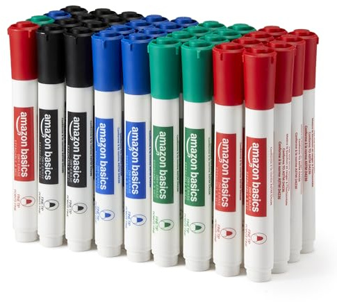 Amazon Basics Low-Odor Dry Erase Whiteboard Markers, Fine Tip, 4 Assorted Colors, 36 Count