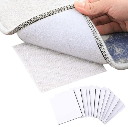 10 PCS Non-Slip Rug Tape, Hook and Loop Rug Gripper Pads for Hard Floors, Reusable Anti-Skid Carpet Anchors to Prevent Sliding & Wrinkles (White)