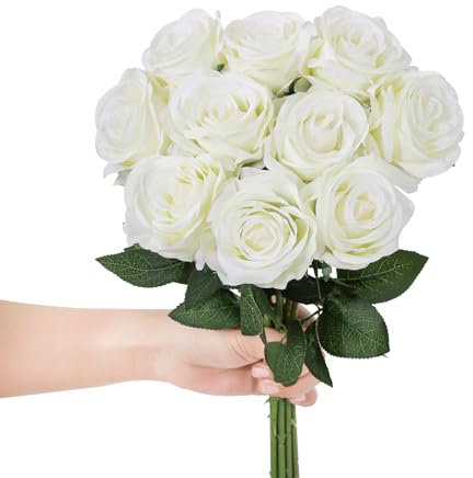 LEUCHTAMOR 10 rose artificiali, 54 cm, finte rose di seta, gambo lungo, realistiche, per fai da te, bouquet da sposa, composizioni, feste e decorazioni per la casa (bianco latteo)