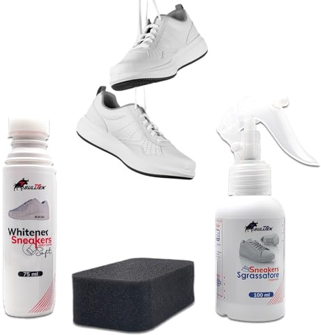 Gymnastikrengöringskit med avfettningsmedel 100 ml och blekande kräm 75 ml – tar bort smuts och fläckar – svamp ingår – för alla typer av skor - praktiskt och kompakt resefodral, Vit, Taglia unica
