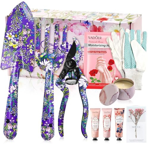 YORFULL Outils Jardinage, 10 Pièces Kit Jardinage Adulte avec Gants, Pelle, Ciseaux, Griffe, Bougies, Crème pour Les Mains, Outil Jardinage à Motifs Floraux avec Une Belle Boîte Cadeau