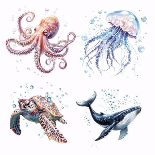 SUPERDANT 4 Transferencias para Planchar con diseño de animales marinos pulpo tortuga medusas ballenas Calcomanías de Transferencia de Calor listas para presionar para camisetas
